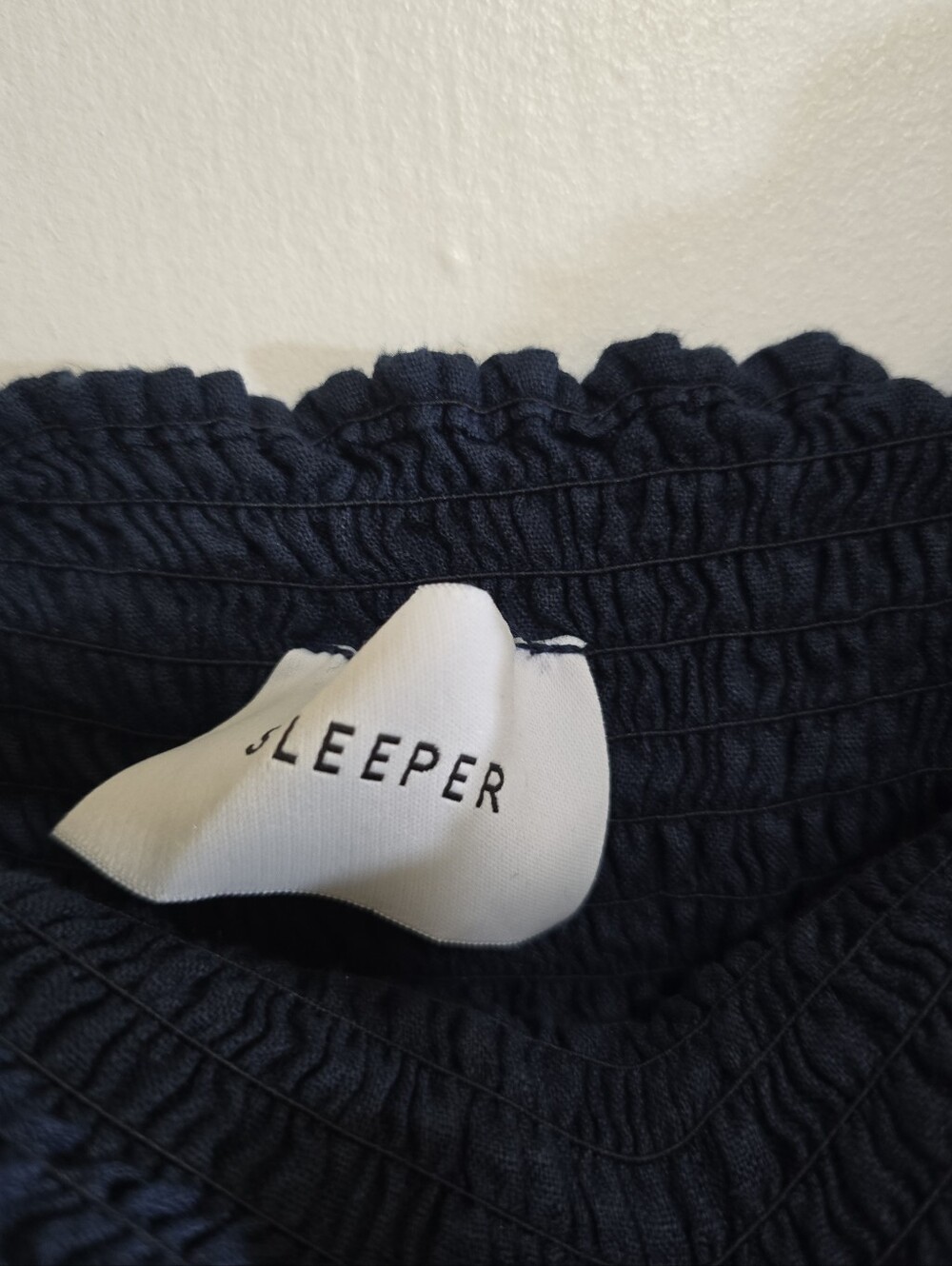 Sleeper Atlanta Linen Midi Dress In Navy Large Smocked Bodice - Picture 7 of 12